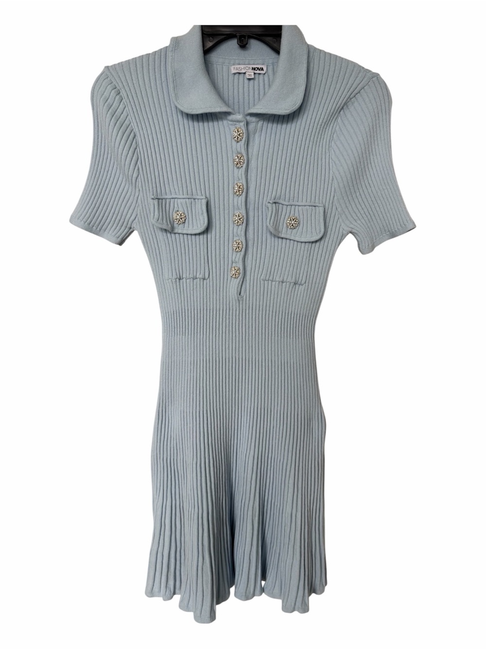 ✅ Fashion Nova Soft Blue Ribbed Polo Mini Dress with pockets size S